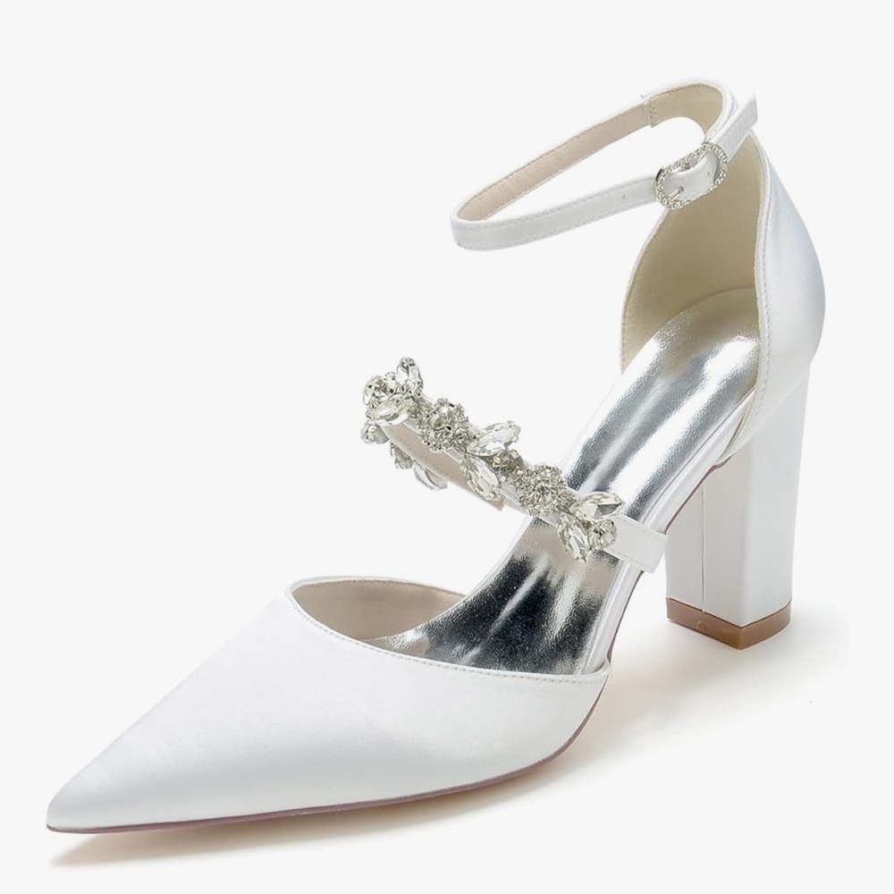Amazon White Silver Block Heel Shoes with Ankle Strap